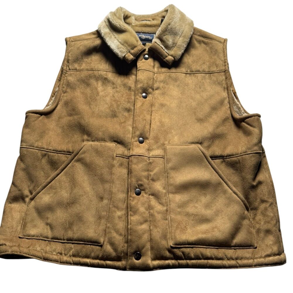 Roper Brown Faux Suede Sherpa Lined Western Vest Snap Front Size XL Cowboy Ranch